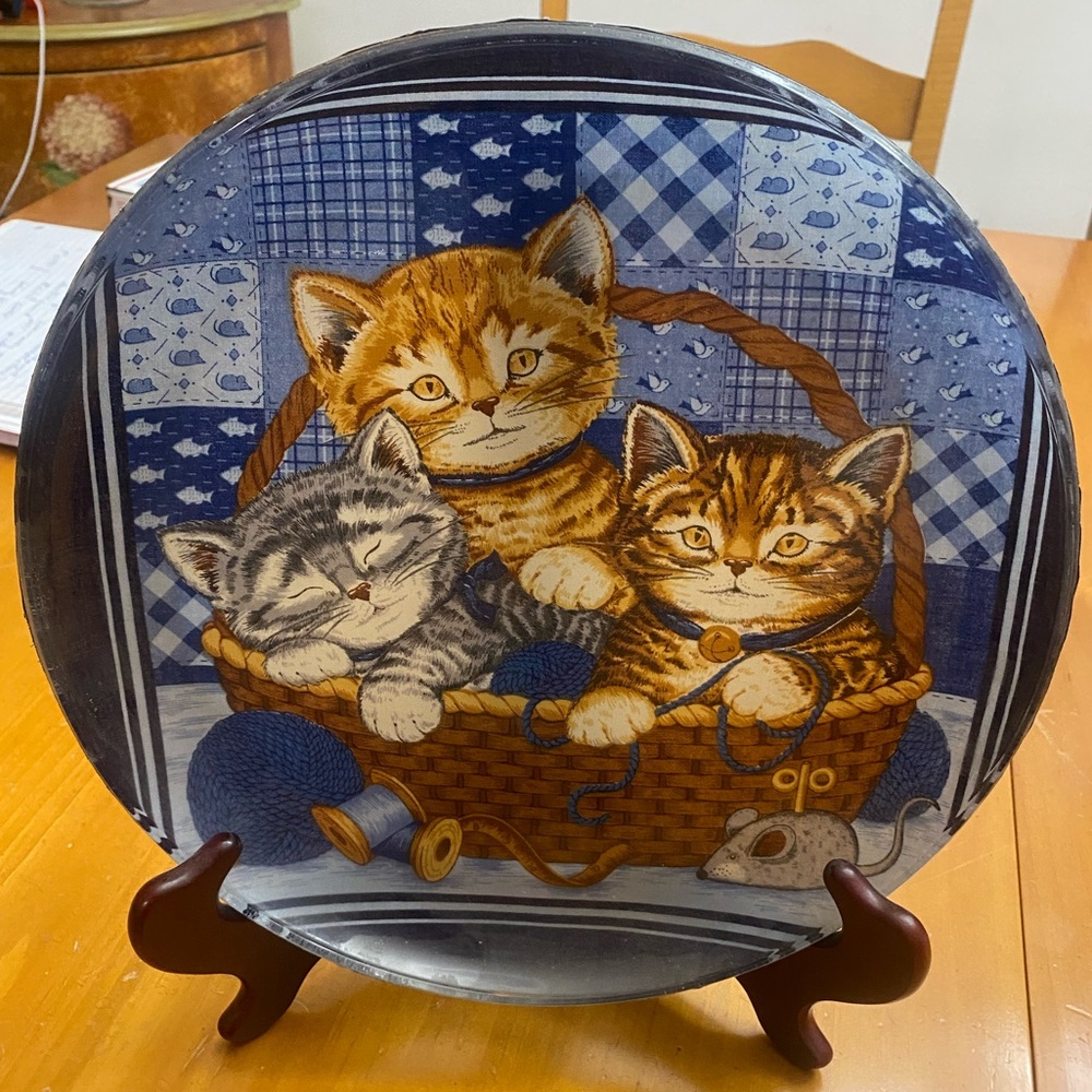 Tabby Cats Kittens Glass Decoupaged Plate Accent Decor